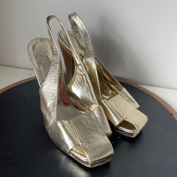 Yves Saint Laurent YSL Square Toe Gold Slingback High Heel Size 38 7.5 US - Picture 2 of 13
